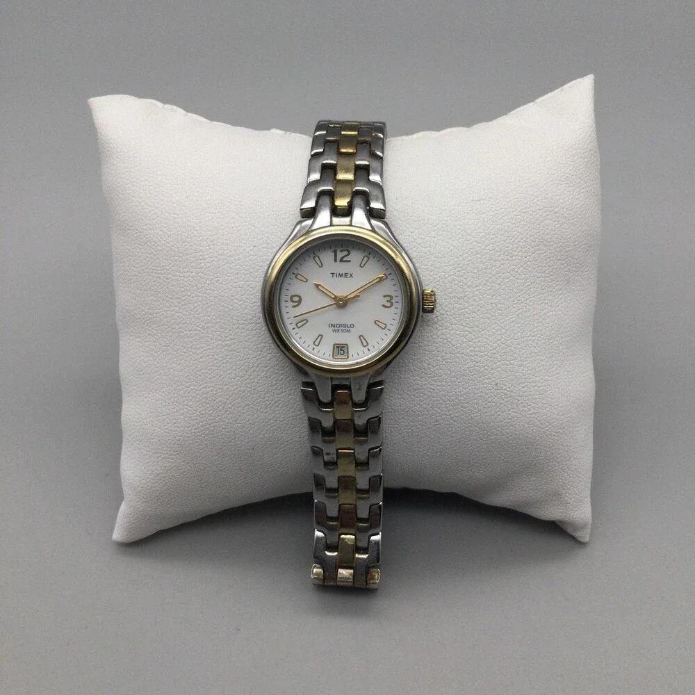Timex Indiglo 50M Womens Watch 24mm White Dial Two Tone Date New Battery 7.75
